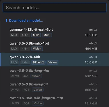 Model picker listing local models with format and quantization badges (MLX, JANG, 4-bit, TQ4), speculative heads (MTP, DFlash2), Vision support, the serving engine (oMLX) and size.