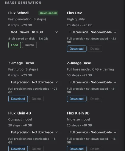 Studio image model catalog: Flux Schnell, Flux Dev, Z-Image Turbo, Z-Image Base, Flux Klein 4B and 9B, each with steps, size and 8-bit or 4-bit variants.